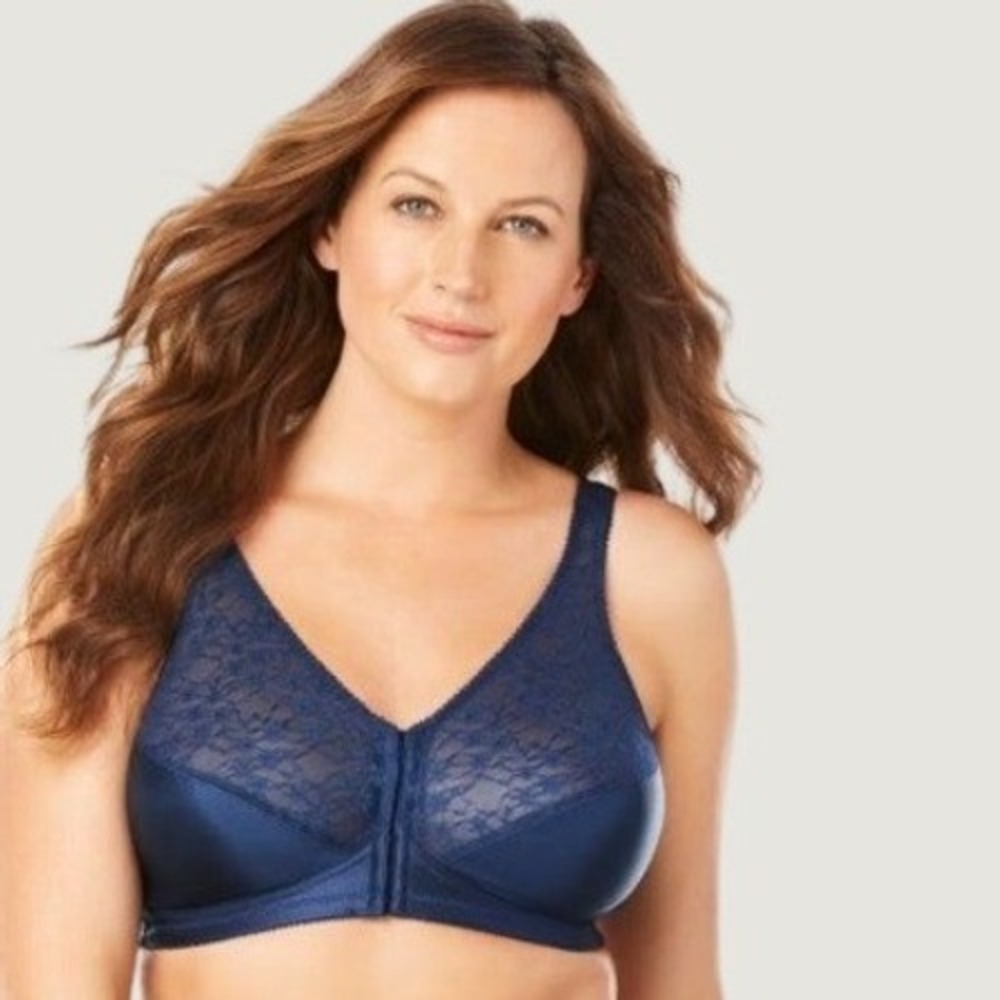 Exquisite Form Front Closure Bra Womens‎ 44D Navy Blue Lace Wireless